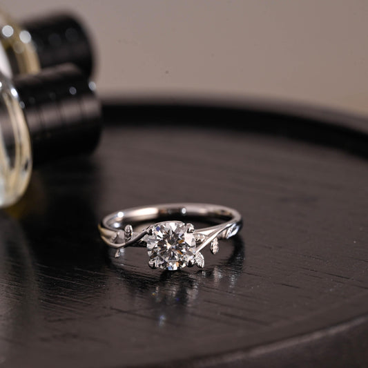 Branch Design Solid Gold Round Cut Moissanite Engagement Ring, Promise Ring, Wedding Ring