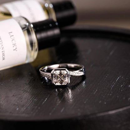 Solid Gold Asscher Cut Moissanite Engagement Ring, Anniversary Gift Birthday Gift for Women Wife