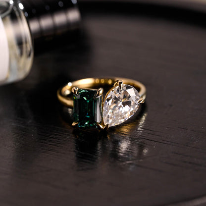 Solid Gold Toi et Moi Ring, Pear Cut & Emerald Cut Green Moissanite Engagement Ring, Two Stone Ring