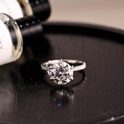 Half Pave Round Cut Moissanite Engagement Ring, Solid Gold Alternative 6 Prongs Anniversary Ring