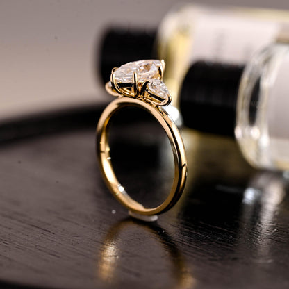 Three Stone Marquise Moissanite Ring, Solid Gold Wedding Anniversary Ring