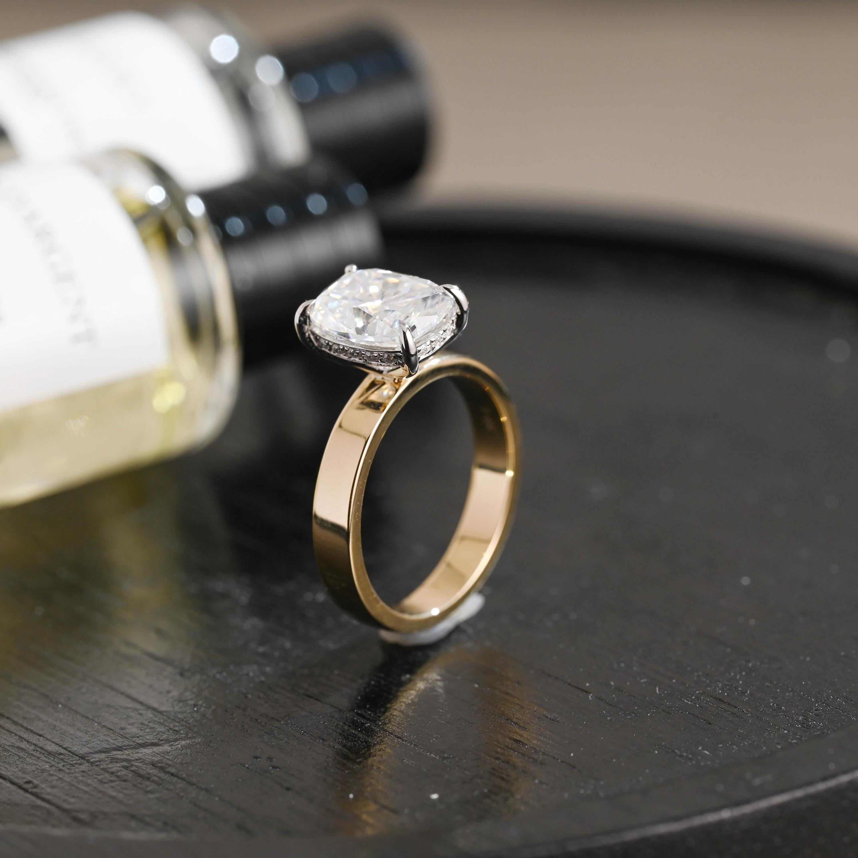 Crushed Ice Cut Elongated Cushion Cut Moissanite Engagement Ring, Solid Gold Cushion Wedding Ring, Hidden Halo Anniversary Moissanite Ring