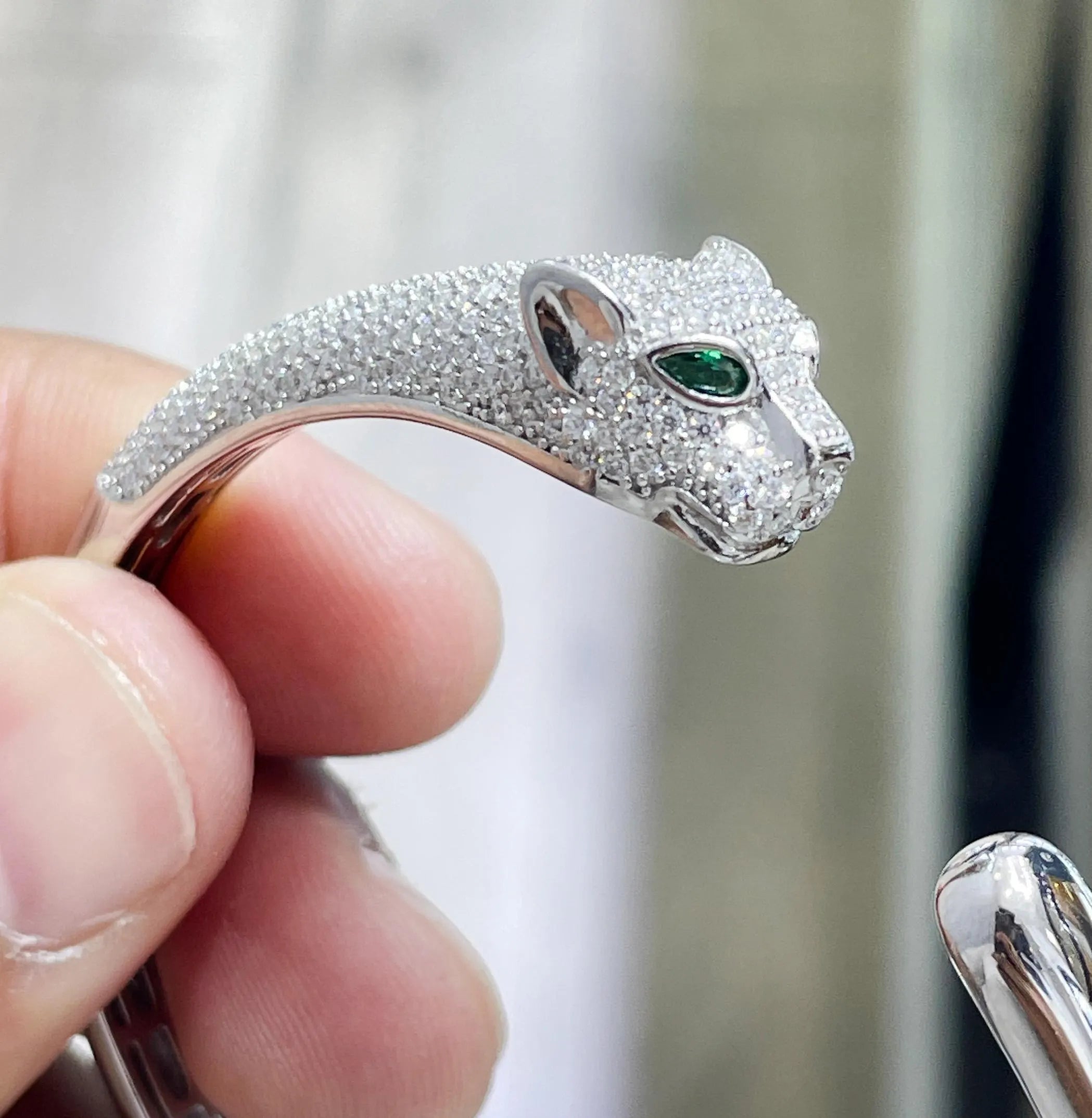 14K Gold Plated Panther Bangle: Sterling Silver Moissanite Bracelet
