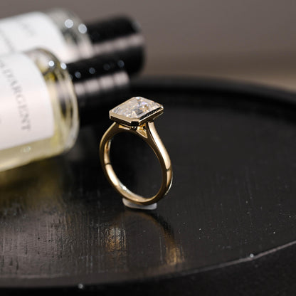 Solid Gold Bezel Emerald Cut Moissanite Engagement Ring, Solitaire Cathedral Setting Anniversary Ring for Women