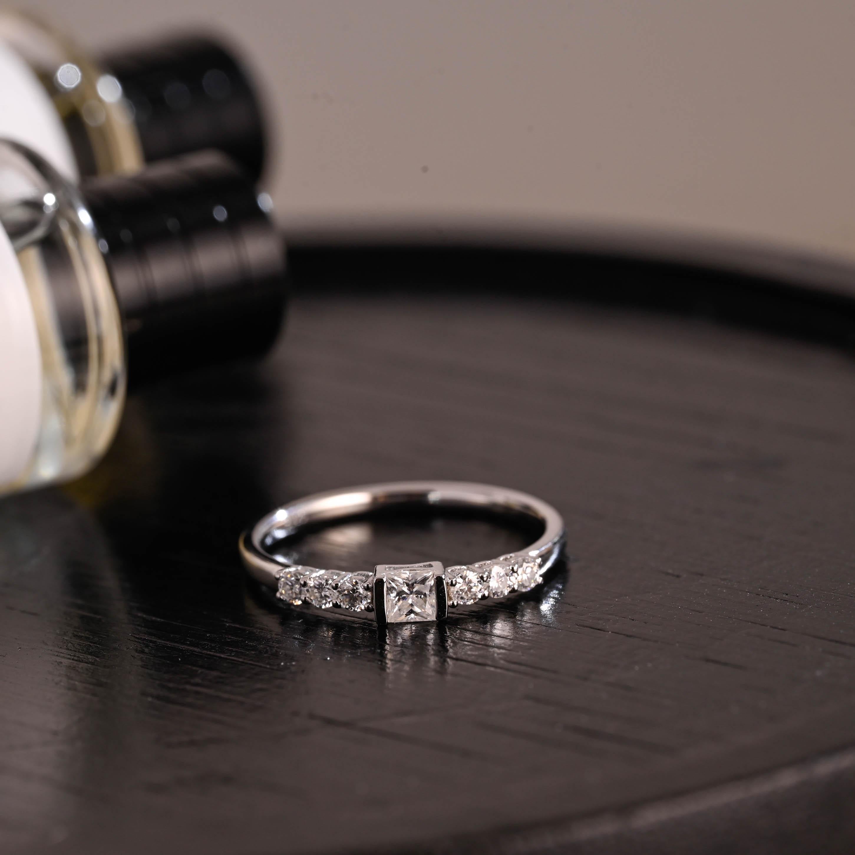 Solid Gold Moissanite Wedding Band, Princess & Round Cut Ring