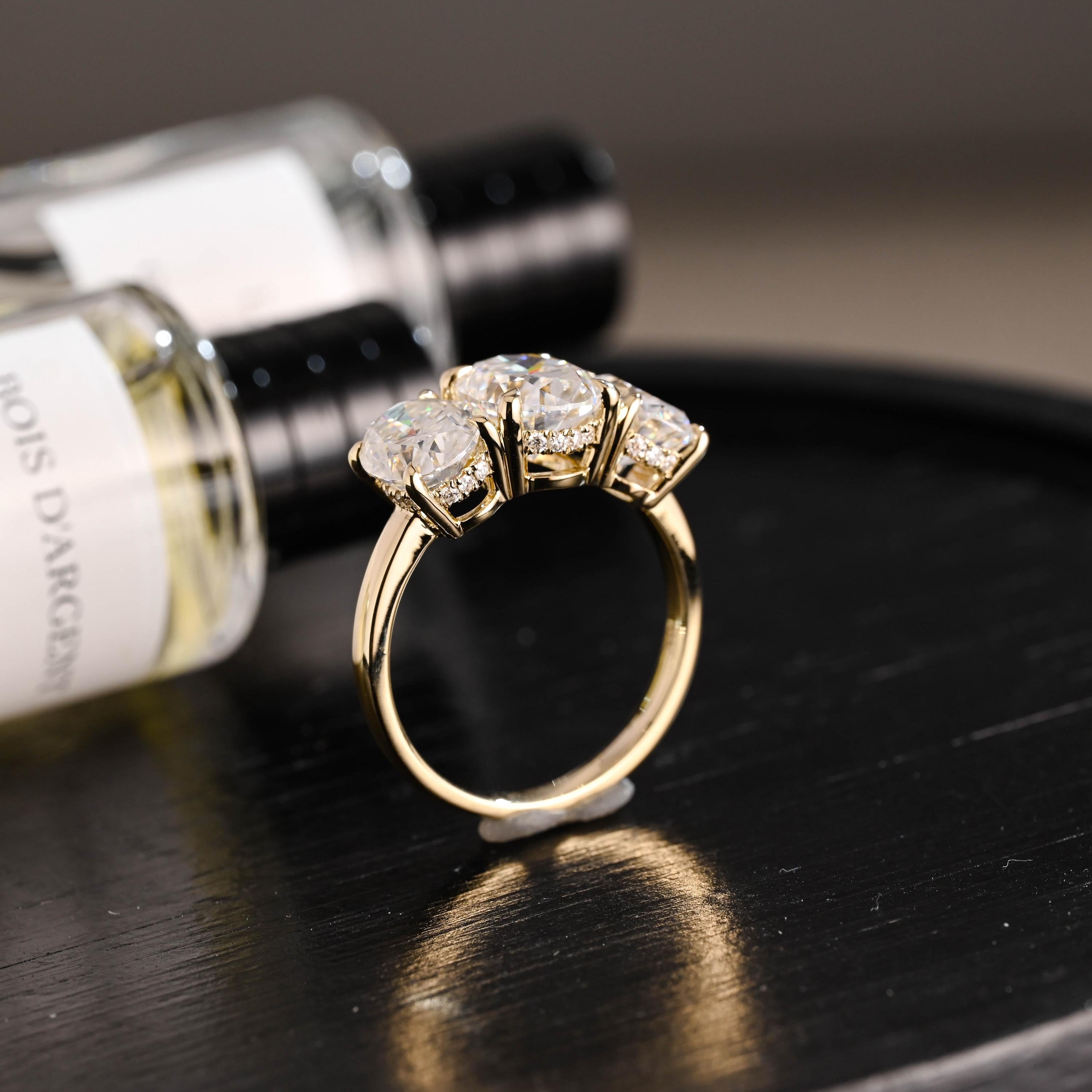 Solid Gold Hidden Halo Three Stone Oval Cut Moissanite Engagement Ring