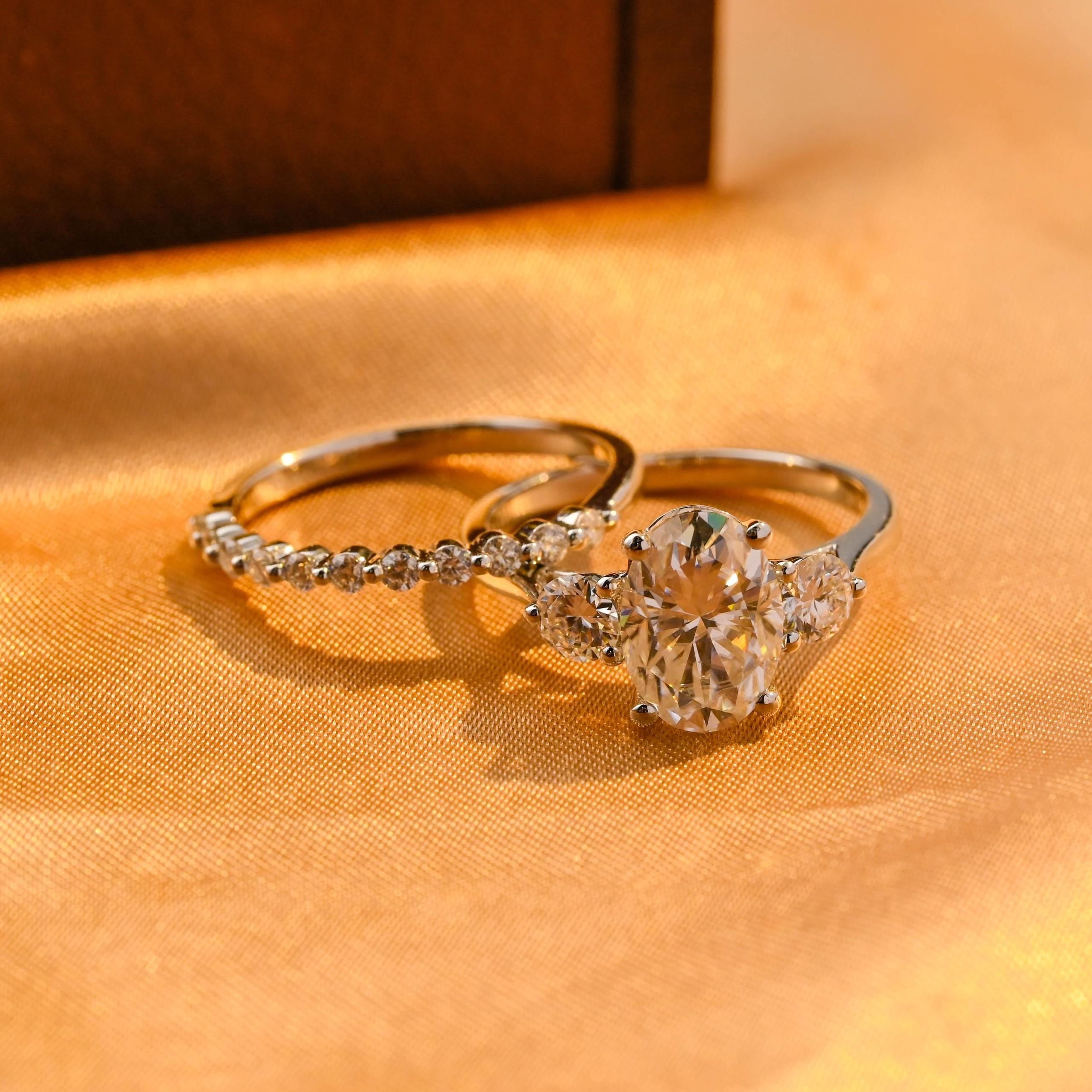 Solid Gold Three Stone Oval Cut Moissanite Engagement Ring Set, Half Eternity Ring Bridal Set