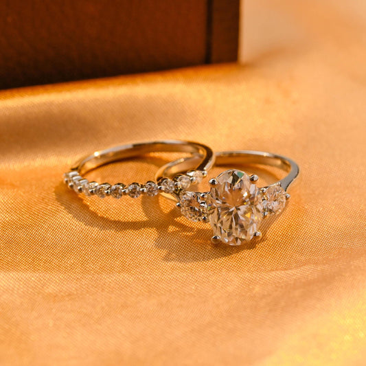 Solid Gold Three Stone Oval Cut Moissanite Engagement Ring Set, Half Eternity Ring Bridal Set