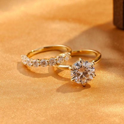 Solid Gold Hidden Halo Round Cut Moissanite Engagement Ring Set, Half Eternity Ring Bridal Set