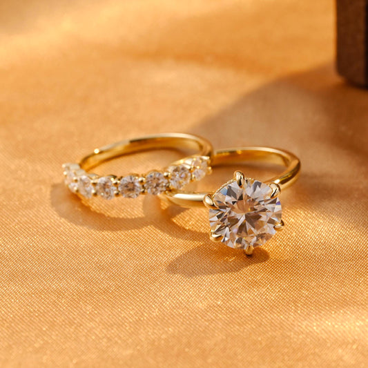Solid Gold Hidden Halo Round Cut Moissanite Engagement Ring Set, Half Eternity Ring Bridal Set