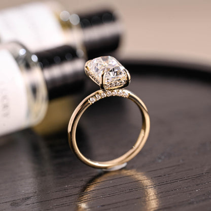 Solid Gold Hidden Halo Radiant Cut Moissanite Engagement Ring, Anniversary Ring for Her