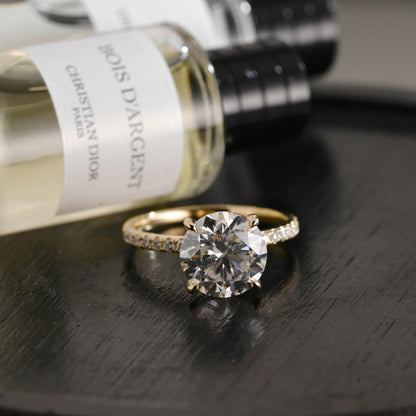 Hidden Halo Solid Gold Round Cut Moissanite Accent Stones Engagement Ring, Birthday Gift for Women Wife