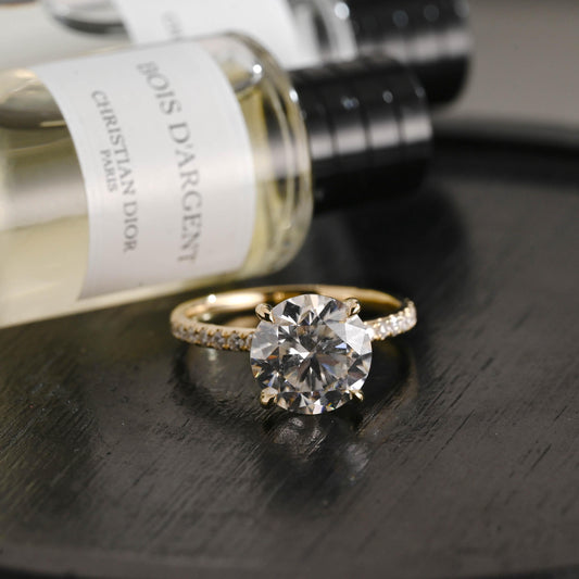 Hidden Halo Solid Gold Round Cut Moissanite Accent Stones Engagement Ring, Birthday Gift for Women Wife