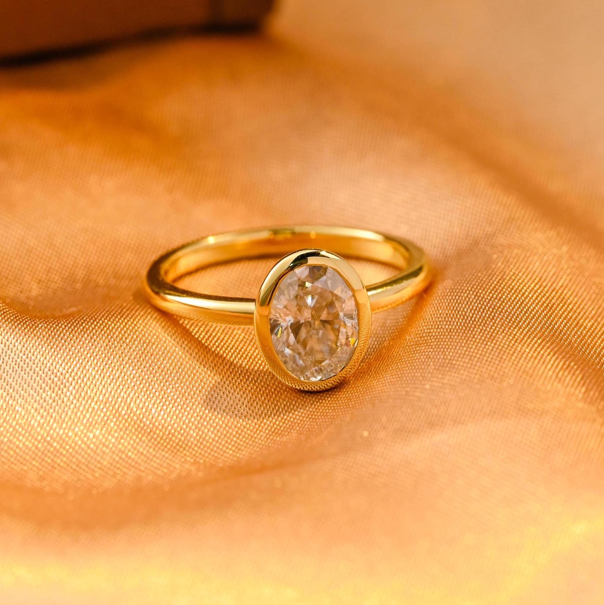 Solid Gold Solitaire Bezel Oval Cut Moissanite Engagement Ring, Anniversary Ring for Women