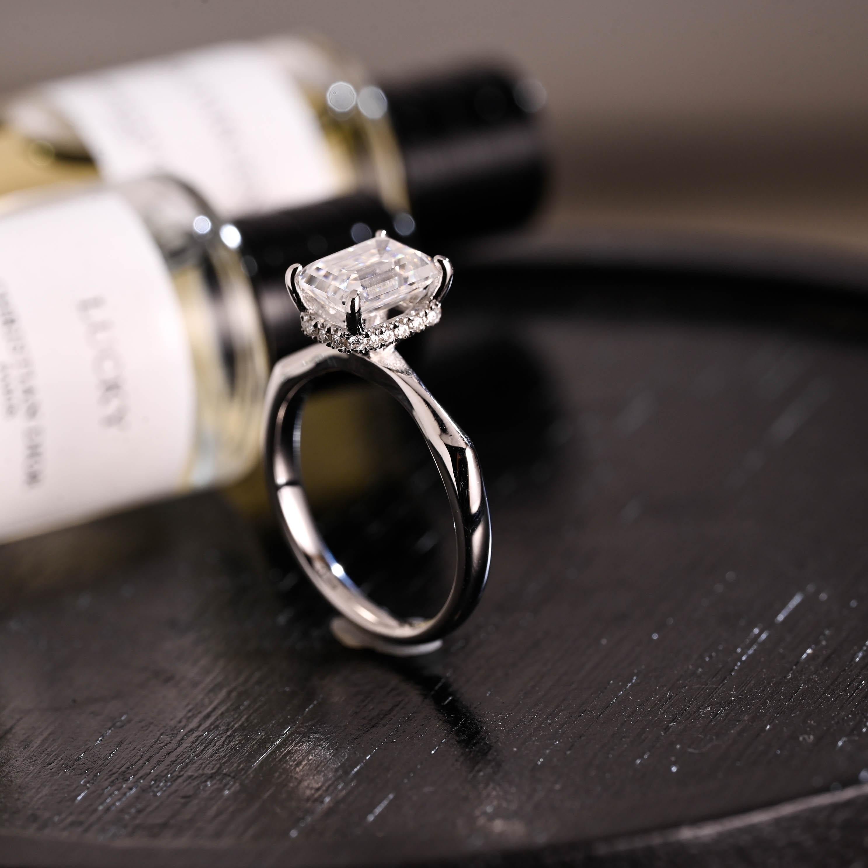 Solid Gold Hidden Halo Emerald Cut Moissanite Engagement Ring, Proposal Ring, Promise Ring, Wedding Ring, Anniversary Gift for Women Wife
