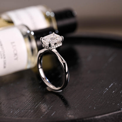 Solid Gold Hidden Halo Emerald Cut Moissanite Engagement Ring, Proposal Ring, Promise Ring, Wedding Ring, Anniversary Gift for Women Wife
