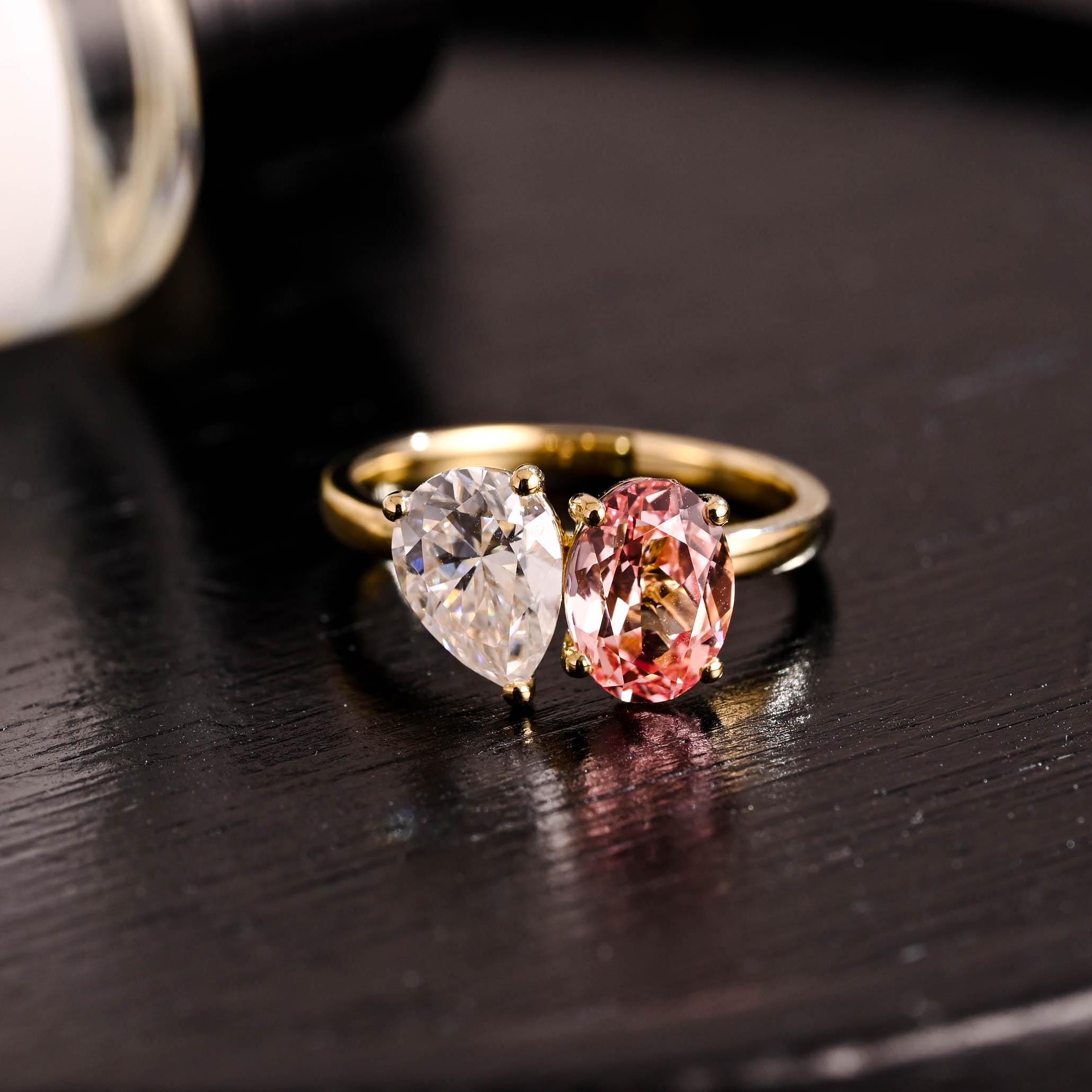 Lab Grown Pink Sapphire Oval Cut Toi et Moi Ring, Solid Gold Memorial Two Stone Engagement Ring