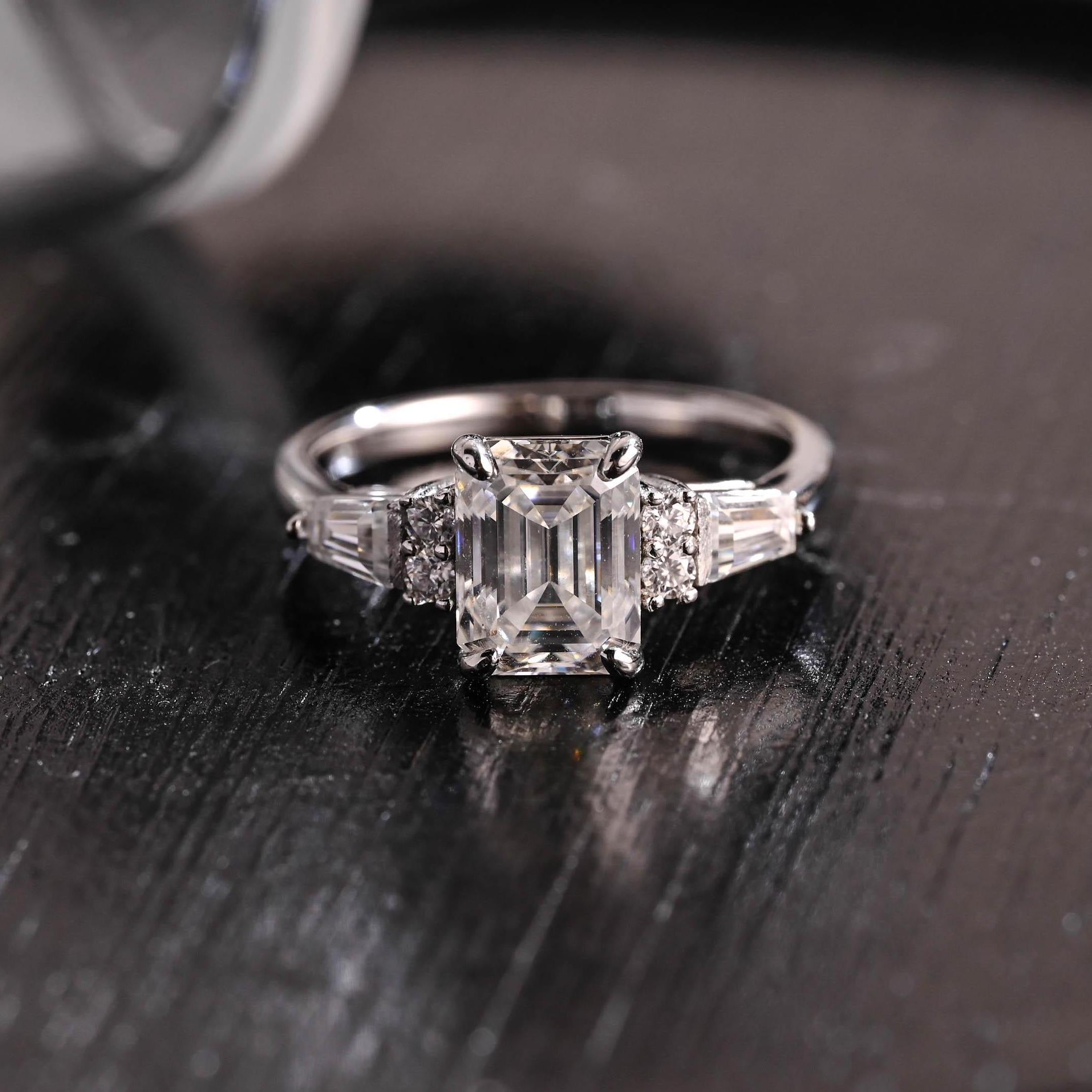 Solid Gold Three Stone Emerald Cut Moissanite Engagement Ring, Trapezoid Accents Emerald Cut Wedding Ring, Anniversary Ring, Moissanite Gift