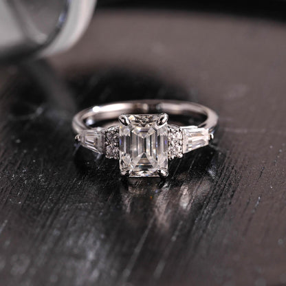 Solid Gold Three Stone Emerald Cut Moissanite Engagement Ring, Trapezoid Accents Emerald Cut Wedding Ring, Anniversary Ring, Moissanite Gift
