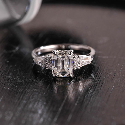 Solid Gold Three Stone Emerald Cut Moissanite Engagement Ring, Trapezoid Accents Emerald Cut Wedding Ring, Anniversary Ring, Moissanite Gift