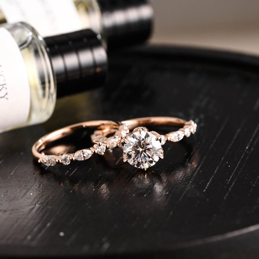 Solid Gold Round Cut Moissanite Engagement Ring Set, Marquise Bridal Round Wedding Ring Set