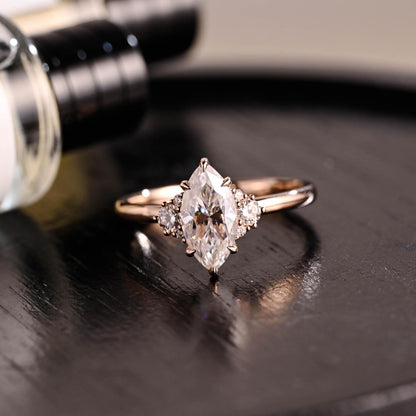 Marquise Cut Moissanite Engagement Ring, Starburst Side Cluster, Anniversary Gift