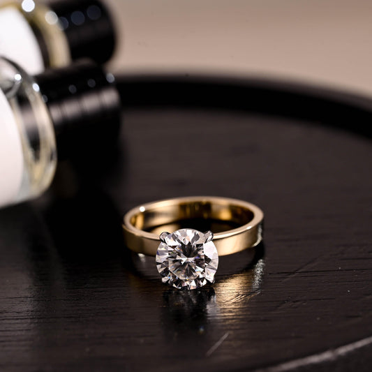 Solid Gold 3mm Width Solitaire Round Cut Moissanite Engagement Ring, Two Tone Ring