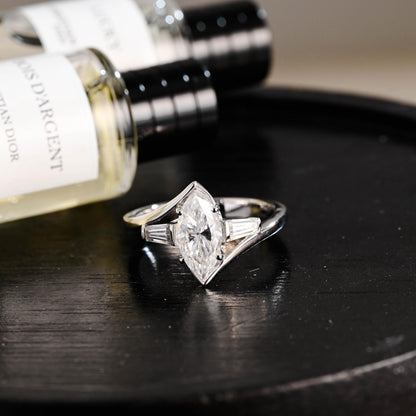 Solid Gold Bypass Marquise Moissanite Ring, Trapezoid Accent Stones, Statement Ring