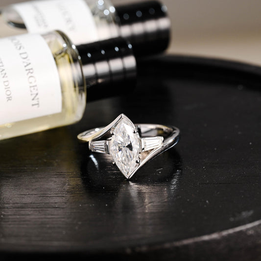 Solid Gold Bypass Marquise Moissanite Ring, Trapezoid Accent Stones, Statement Ring
