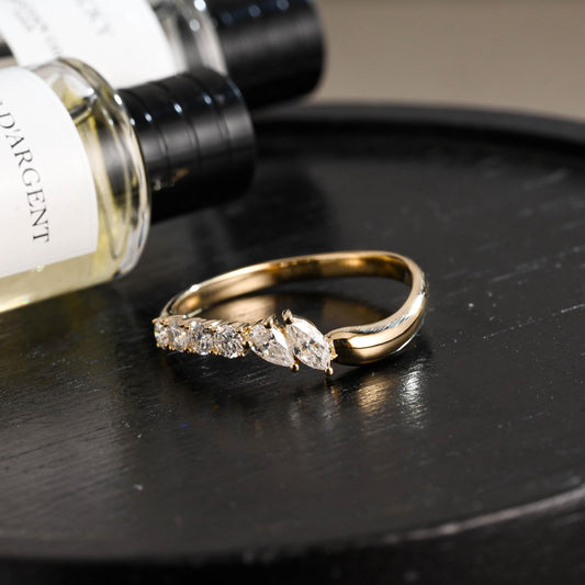 Solid Gold Marquise Pear Cut Moissanite Wedding Band, Matching Ring