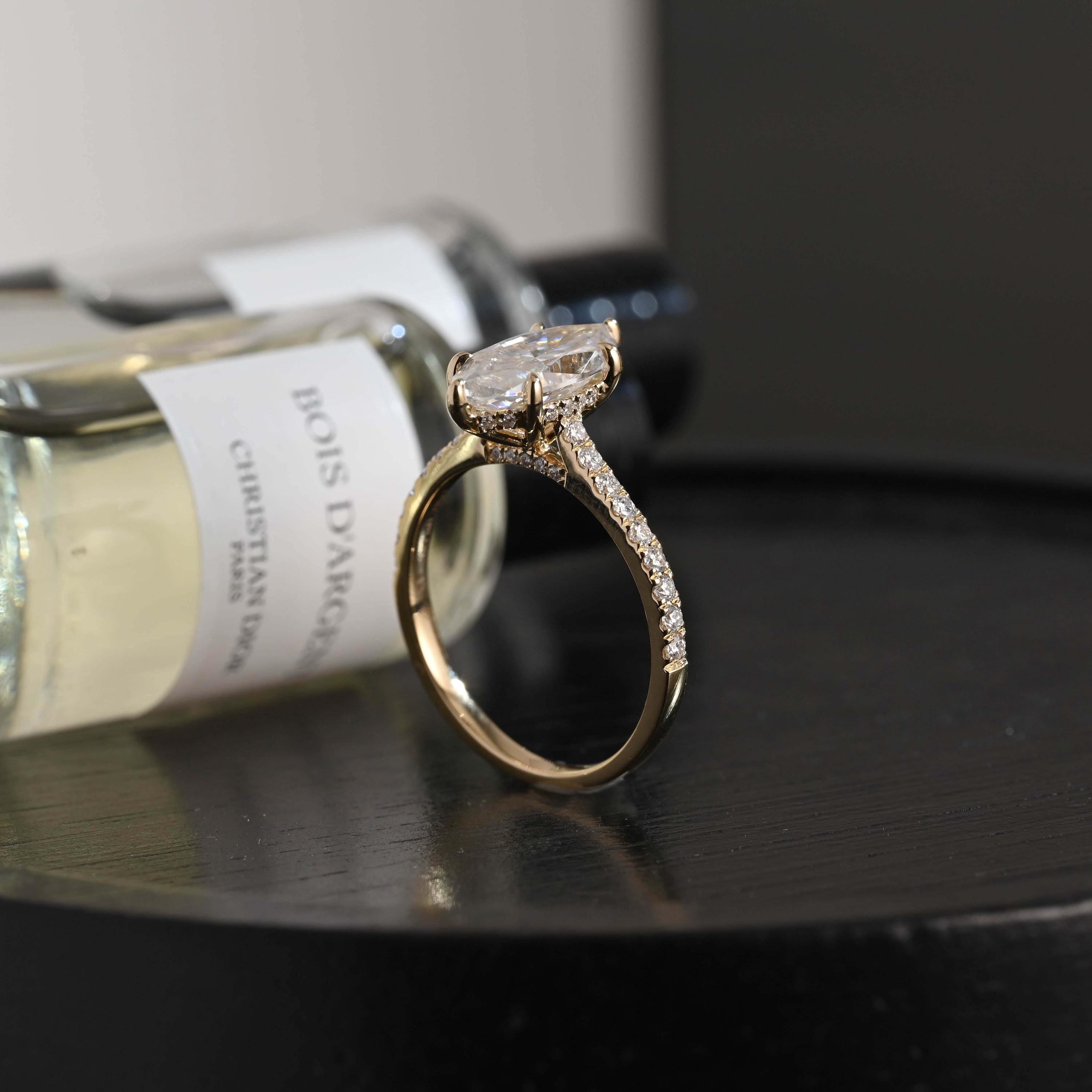 Solid Gold Marquise Cut Moissanite Engagement Ring, Pave Hidden Halo Wedding Ring