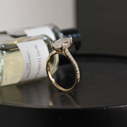 Solid Gold Marquise Cut Moissanite Engagement Ring, Pave Hidden Halo Wedding Ring