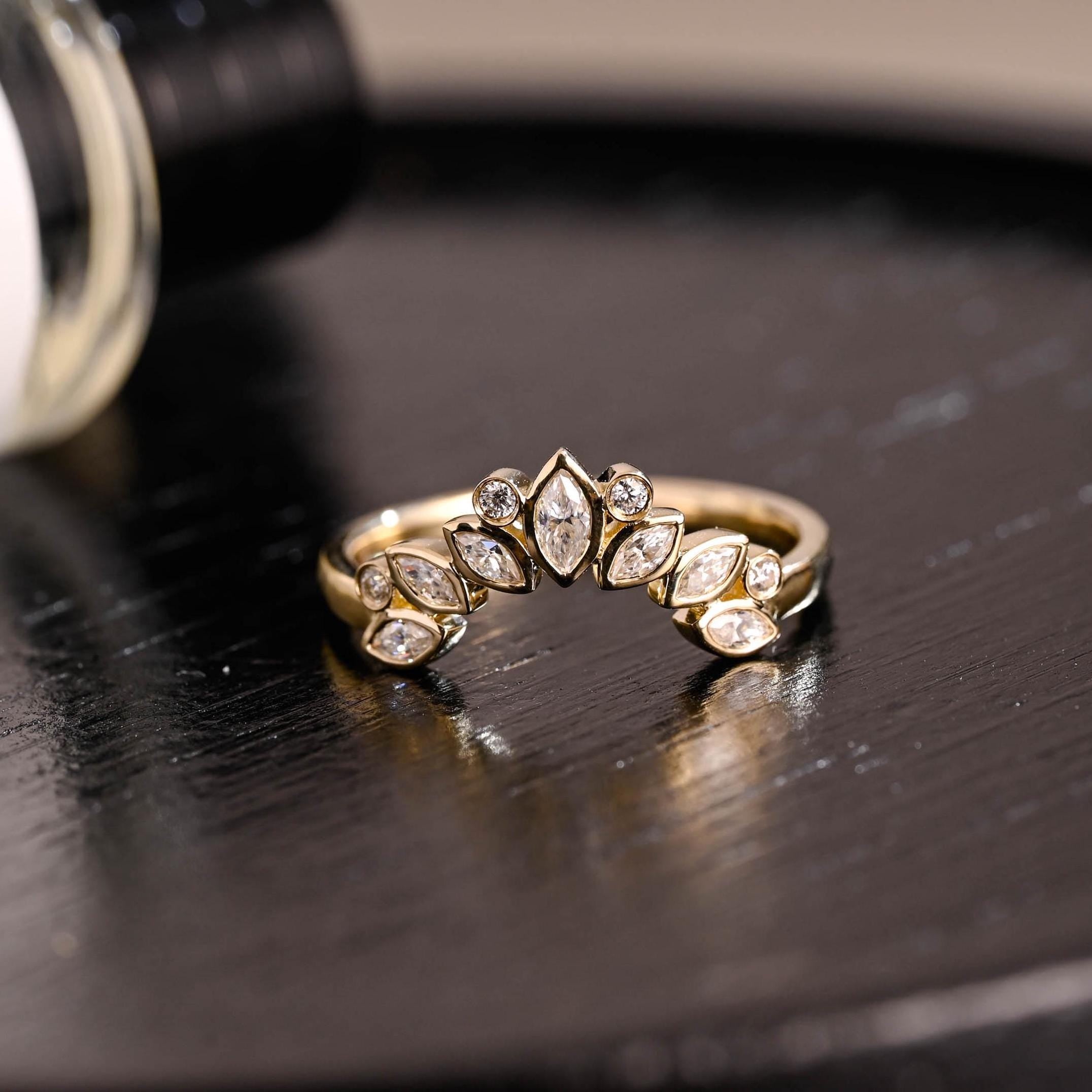 Curved Solid Gold Moissanite Wedding Band, Bezel Nest Ring