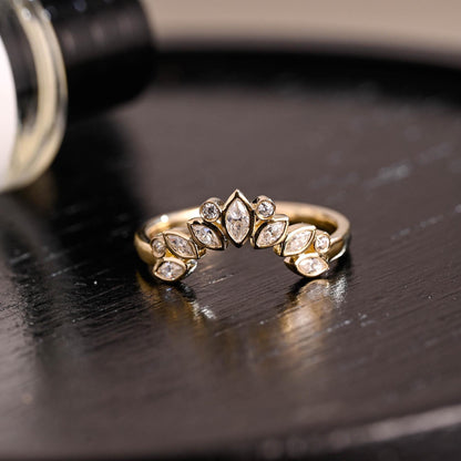 Curved Solid Gold Moissanite Wedding Band, Bezel Nest Ring