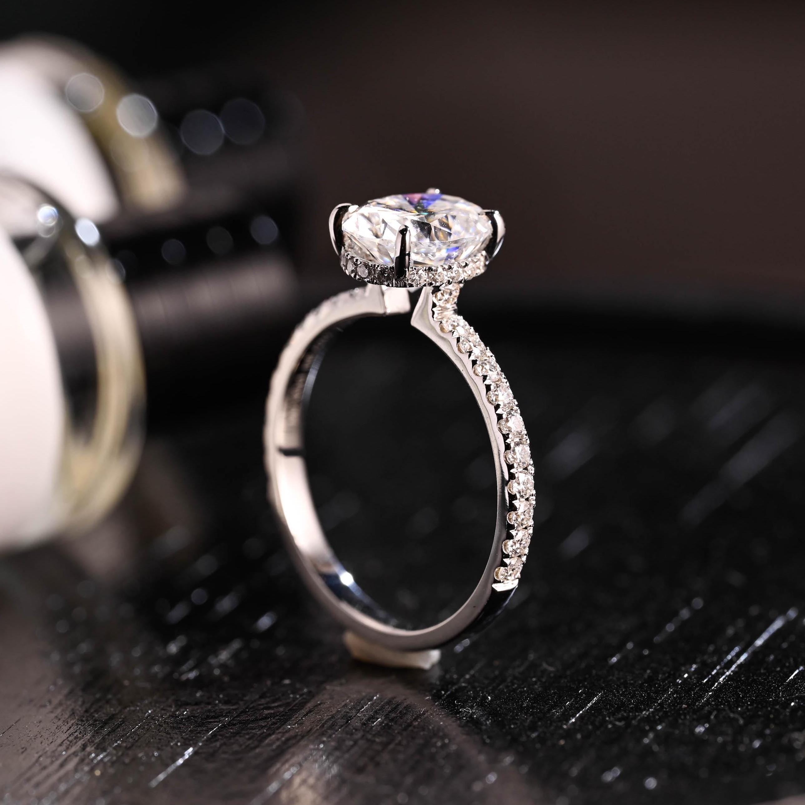 Solid Gold High Profile Oval Cut Moissanite Engagement Ring, Hidden Halo Wedding Ring