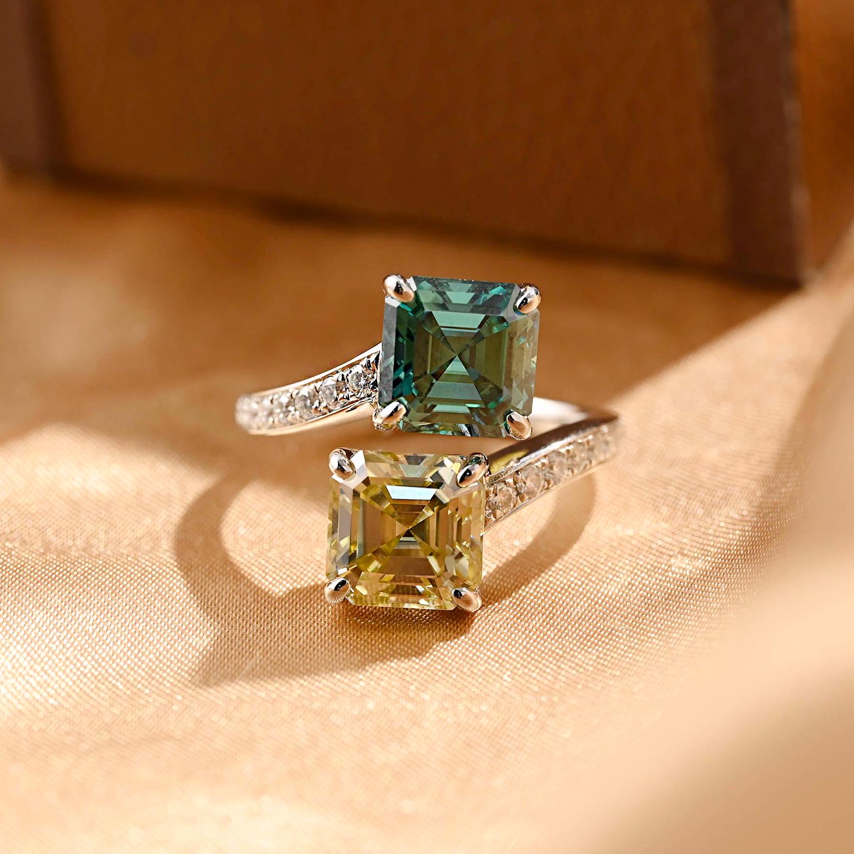 Solid Gold Toi et Moi Green & Yellow Asscher Moissanite Engagement Ring, Two Stone Anniversary Ring