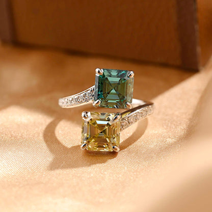Solid Gold Toi et Moi Green & Yellow Asscher Moissanite Engagement Ring, Two Stone Anniversary Ring