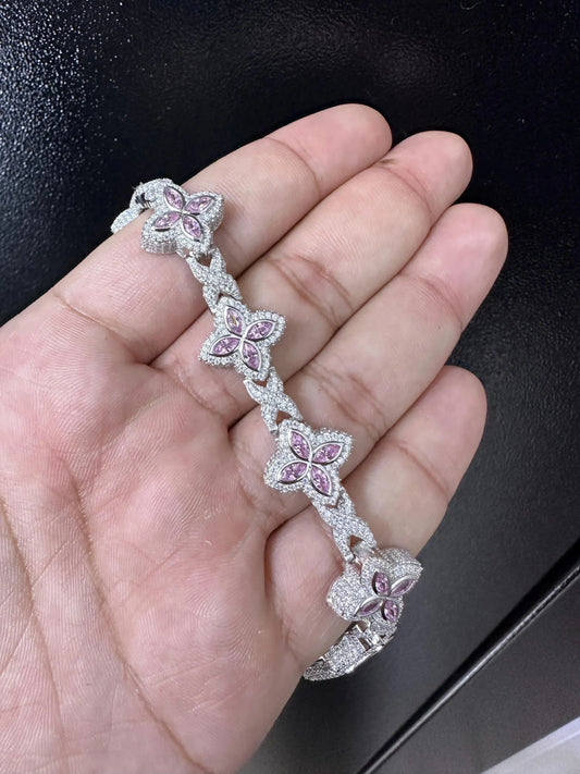 Iced Out Clover Bracelet: 925 Sterling Silver, Pink Sapphire Moissanite