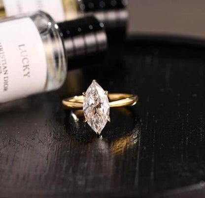 Tulip Set Solitaire Marquise Cut Moissanite Engagement Ring, Solid Gold Cathedral Setting Ring