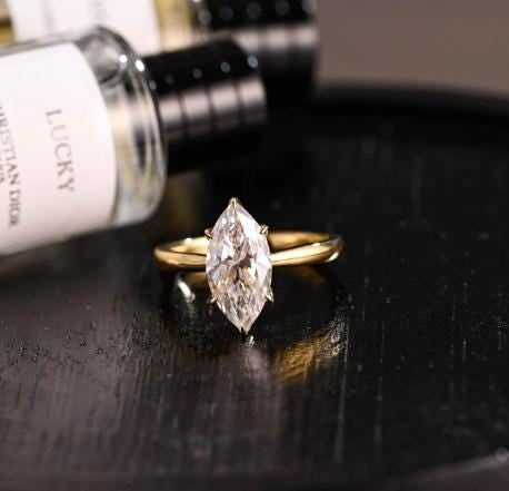 Tulip Set Solitaire Marquise Cut Moissanite Engagement Ring, Solid Gold Cathedral Setting Ring