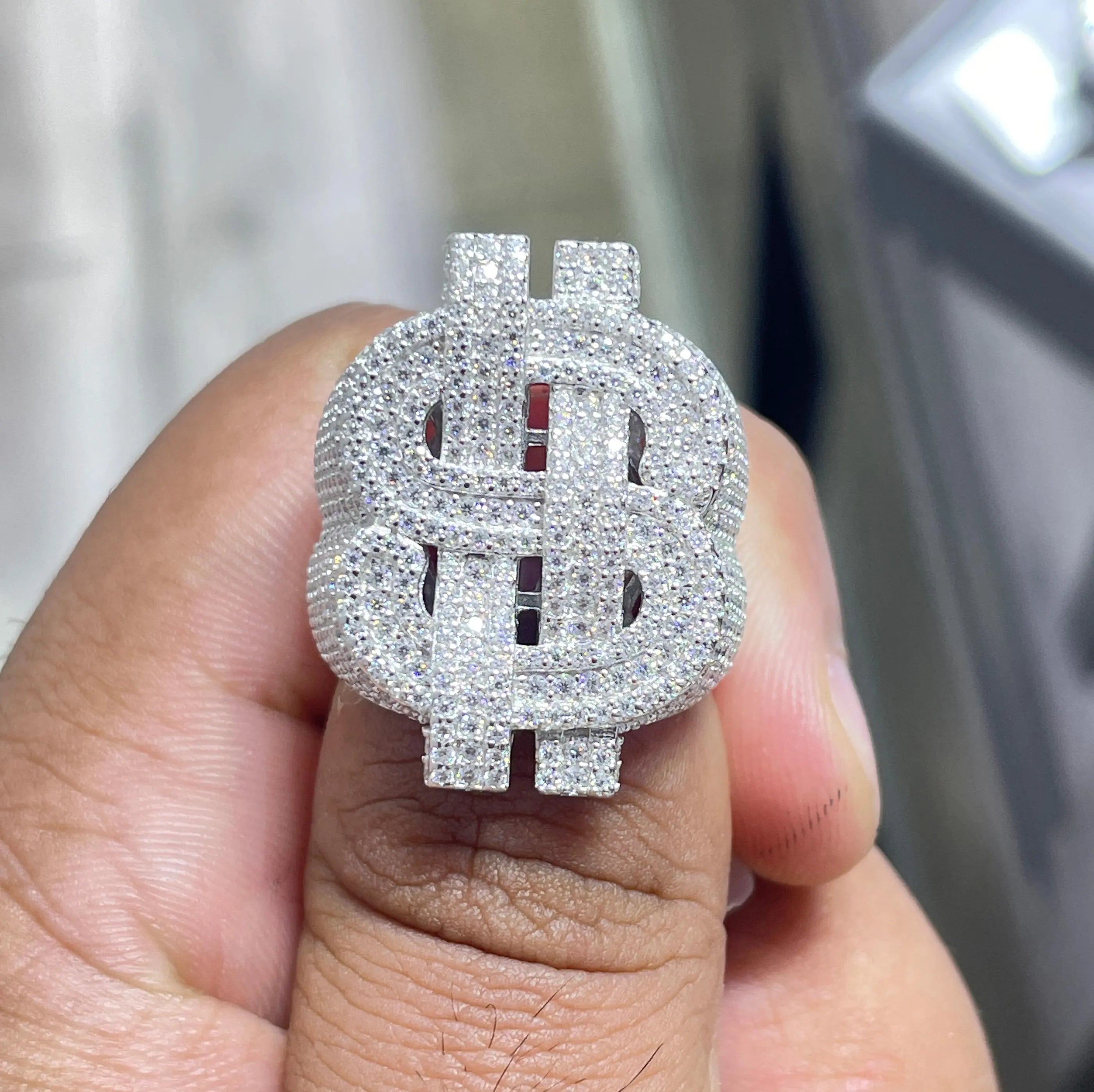 Iced Out Moissanite Dollar Sign Ring: Hip Hop 925 Sterling Silver