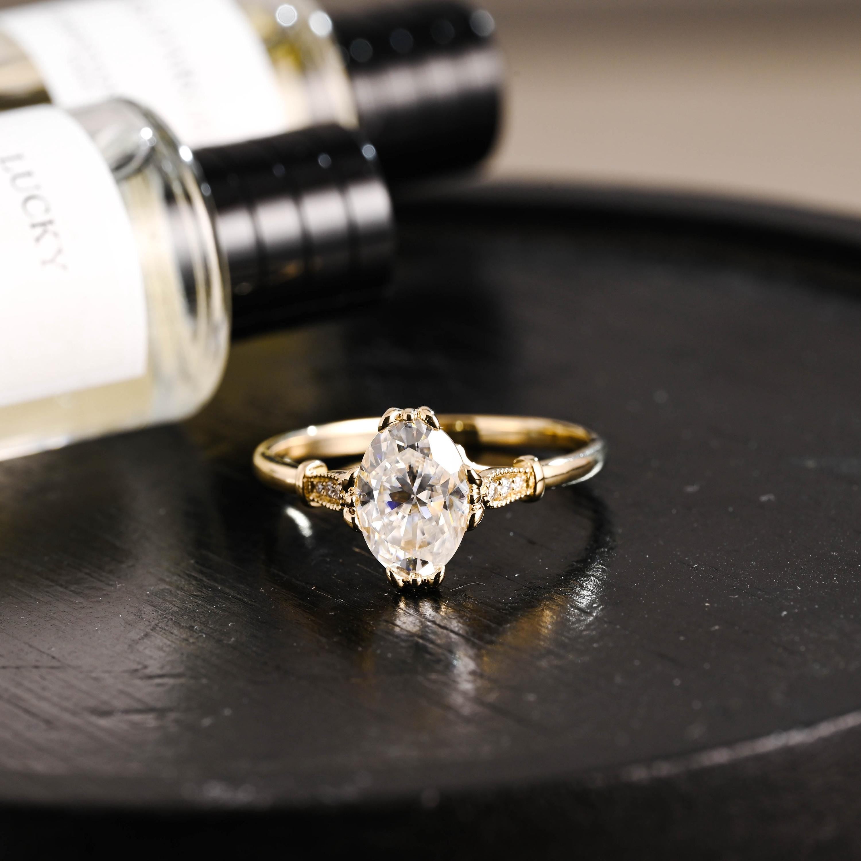 Solid Gold Oval Cut Moissanite Engagement Ring, Anniversary Gift Birthday Gift for Women Wife