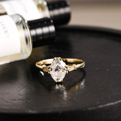 Solid Gold Oval Cut Moissanite Engagement Ring, Anniversary Gift Birthday Gift for Women Wife
