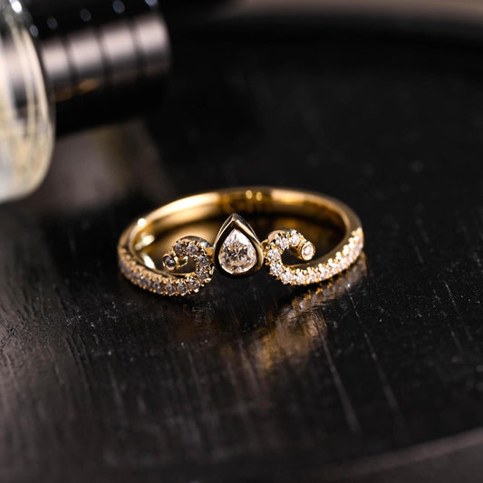 Curved Solid Gold Moissanite Wedding Band, Bezel Nest Anniversary Ring