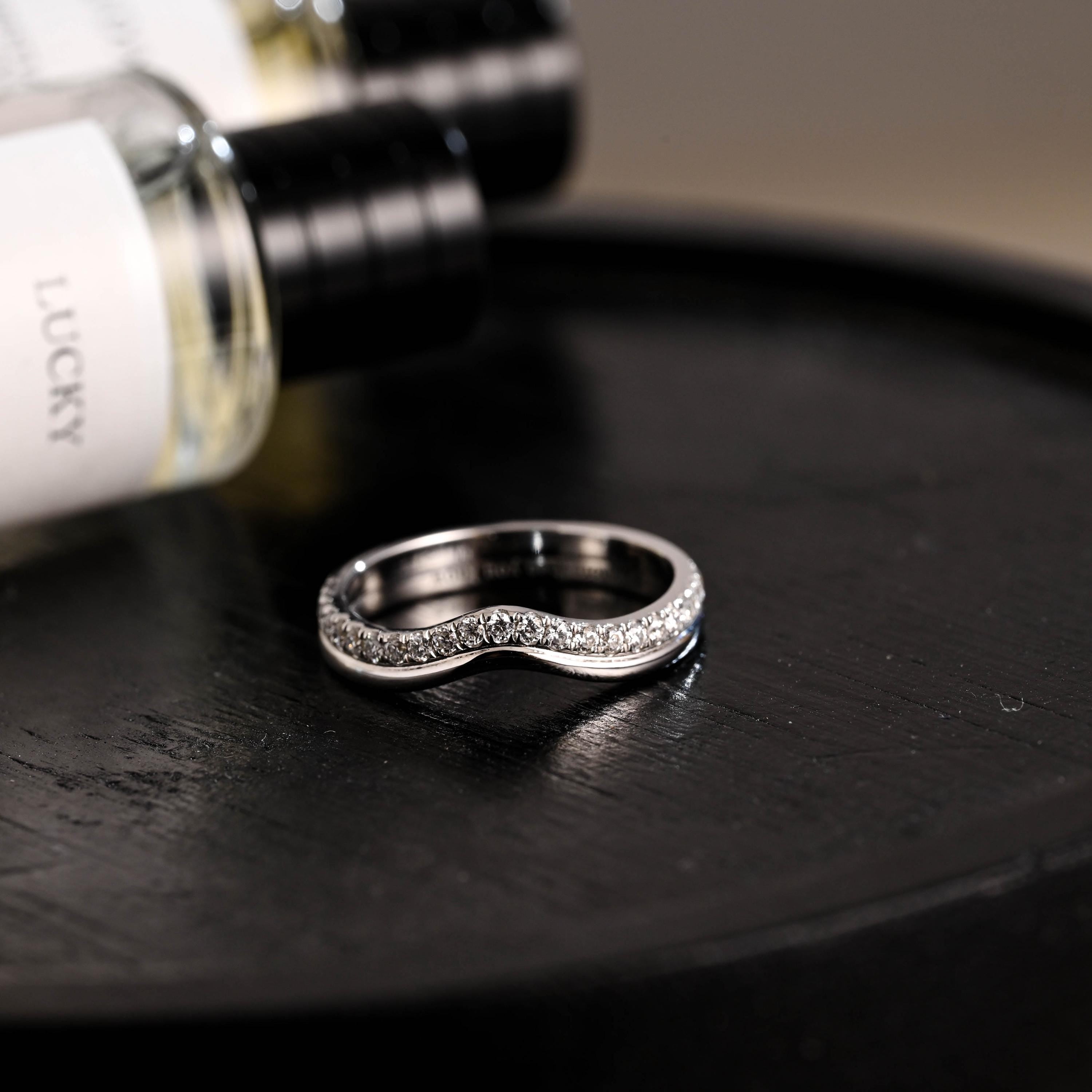 Solid Gold Curved Moissanite Wedding Band, Matching Ring