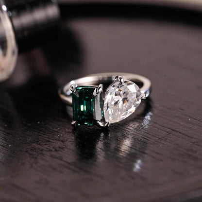 Solid Gold Pear Cut Toi et Moi Moissanite Engagement Ring, Green Moissanite Two Stone Ring