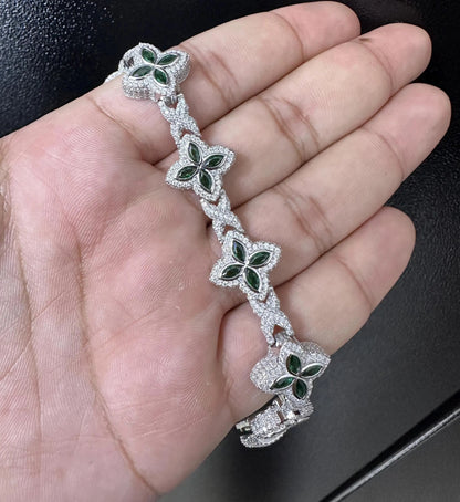 Iced Out Clover Bracelet | VVS Moissanite, Green Sapphire, Sterling Silver