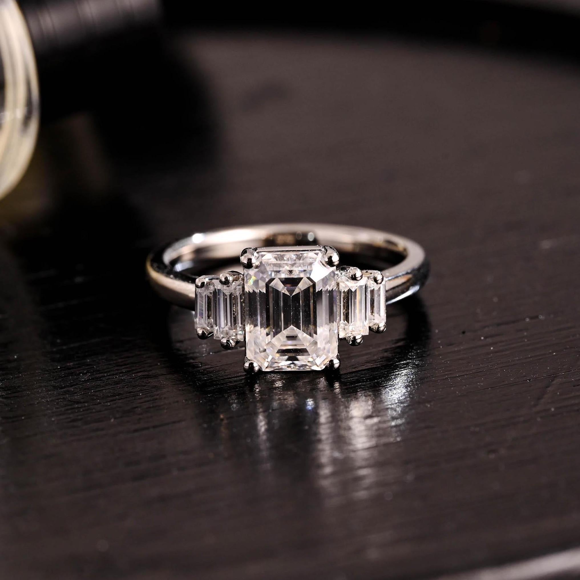 Side Stone Emerald Cut Moissanite Engagement Ring, Solid Gold Emerald Cut Moissanite Wedding Ring, Anniversary Ring, Moissanite Promise Ring