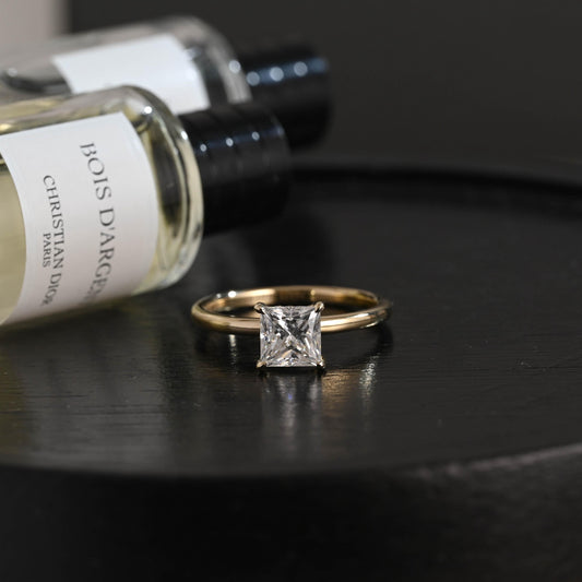 Solid Gold Princess Cut Moissanite Engagement Ring, Classic Low Setting Anniversary Ring for Women