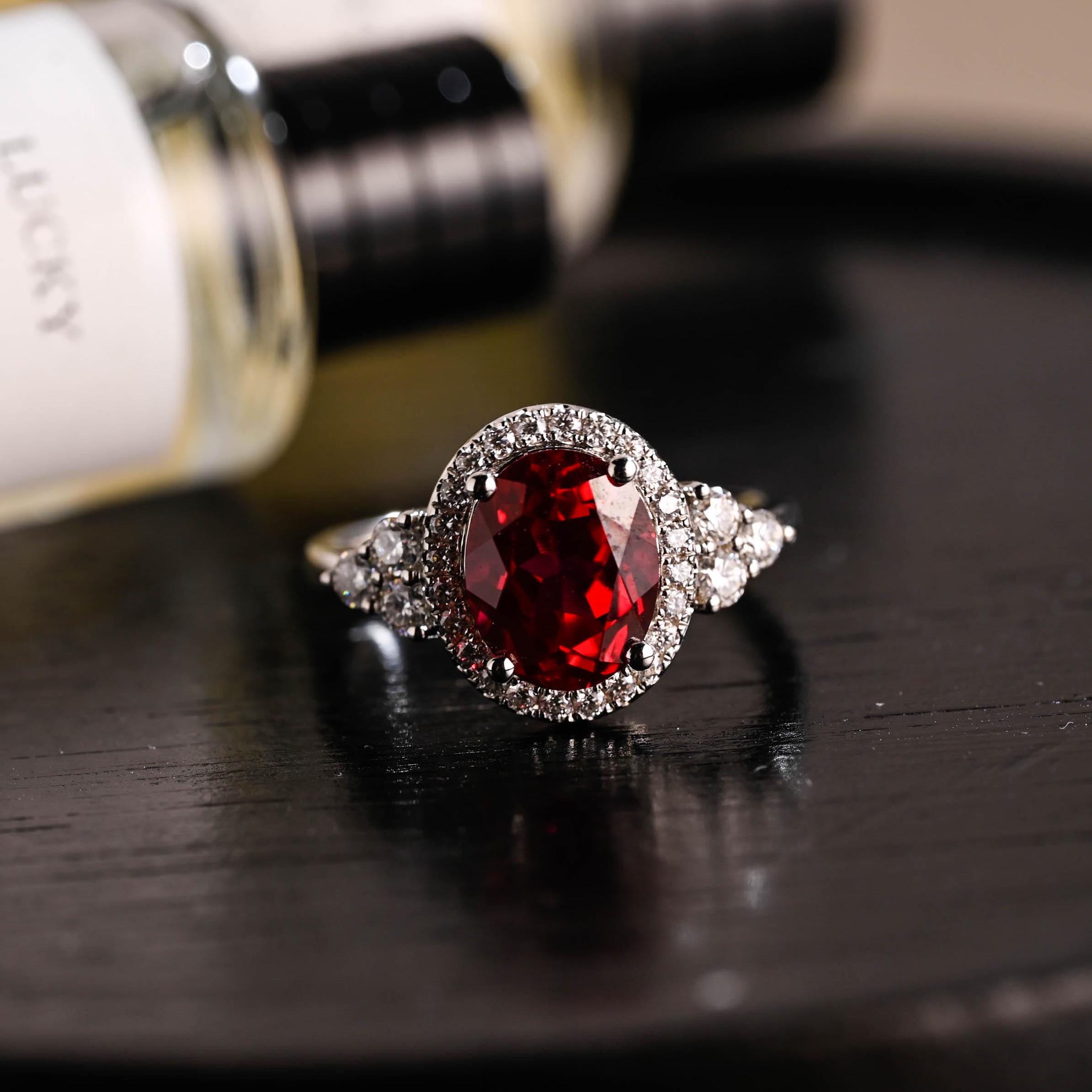Solid Gold Oval Cut Lab Grown Ruby Engagement Ring, Halo Wedding Ring